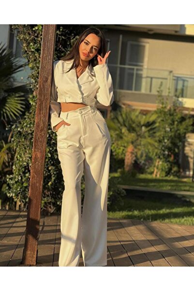 Larenmoda Bej ithal kumaş klasik crop ceket pantolon ikili takım