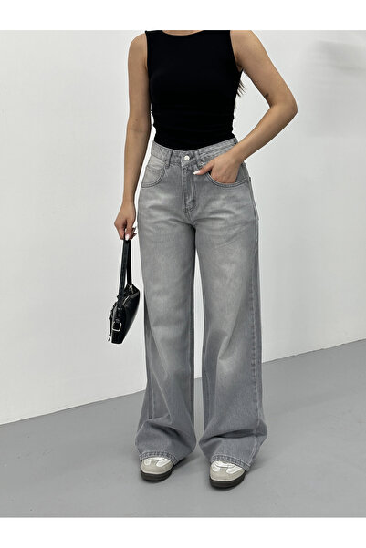 asfamoda Ženske svetlo sive isprane široke pantalone Visok struk fit jeans