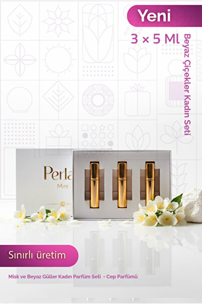 PERLAS Beyaz Çiçekler Kadın Parfüm Seti – Cep Parfümü, Altın Şişe (3×5 ml)