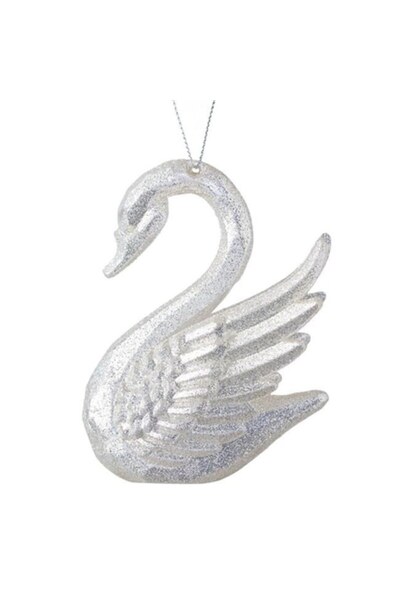 ANTBRO Ornament brad Craciun lebada cu glitter alb irizat, 7x4.5x10cm