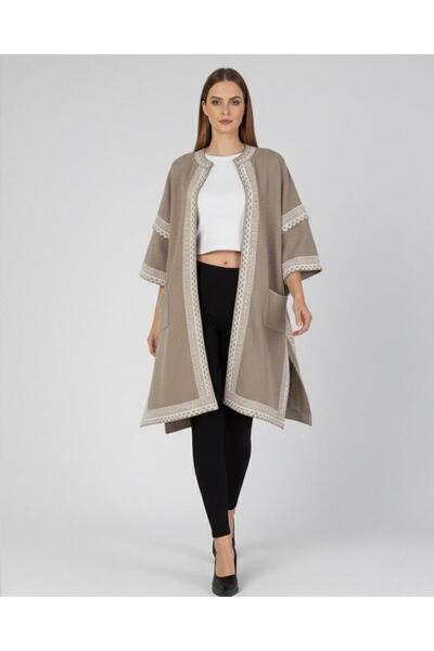 AMİDA Women's Beige White Patterned Loose Cut Pocketed Knitwear Poncho - 2531