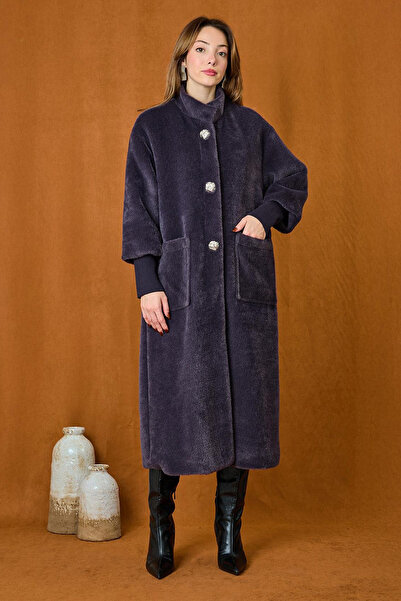 Lale Butik Brooch Detailed Angora Coat 15231 Anthracite