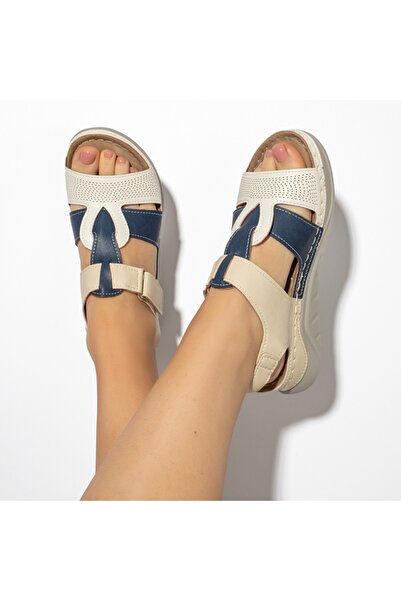 BMoD Women's beige and blue perforated sandals with velcro closure MOD13107