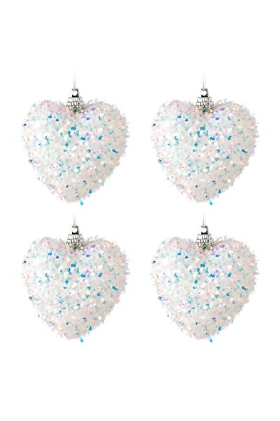 ANTBRO Set of 4 Christmas ornaments, New Line, heart-shaped with tinsel-like finish, 6 cm, white