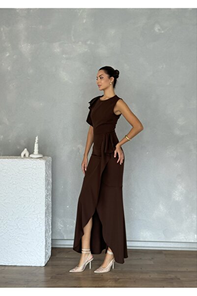 Nesil Asymmetrical Cut Skirt and One Sleeve Flounce Stylish Special Occasion Women's Invitation Dress