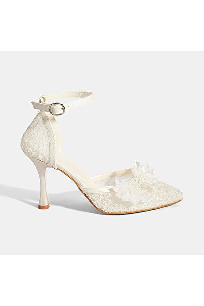 Desa Kadın Beyaz Dantel Detaylı Taşlı Topuklu Gelin Ayakkabısı