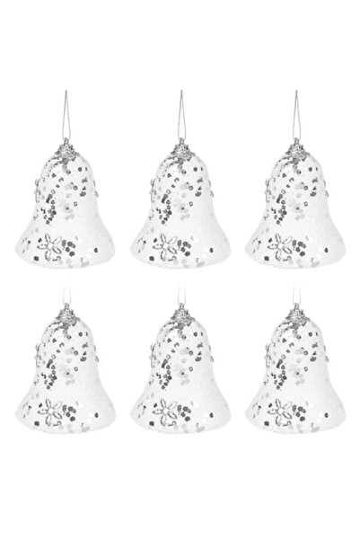 ANTBRO Set of 6 Antbro® Christmas tree ornaments — white bells with colored stones and silver flowers, 7