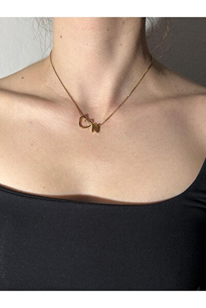Sirena Accessories Kalp Detaylı Gold Kaplama Paslanmaz Çelik Harfli Kolye
