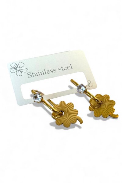 TAKIŞTIR Gold Color Clover Figured Stone Detailed Steel Earrings (Pair)