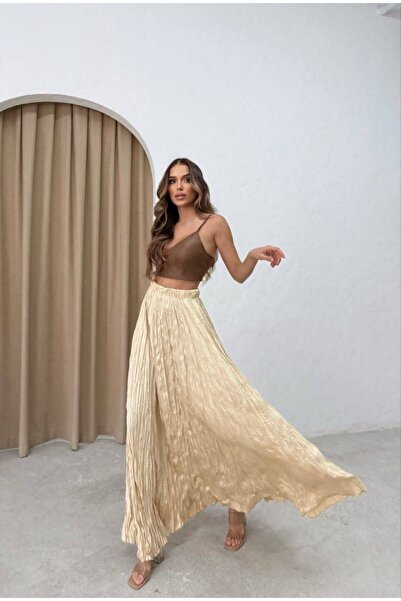 CARLA MARA Satin Fabric Pleated Skirt Beige