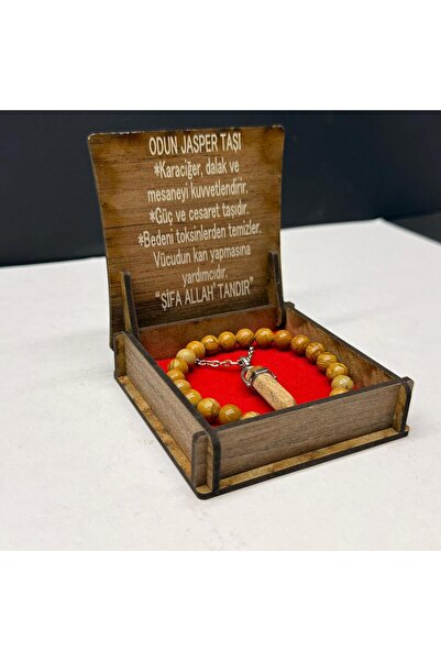 VURAL BİJUTERİ Özel Ahşap Kutulu Odun Jasper Taşı Bileklik Kolye Seti