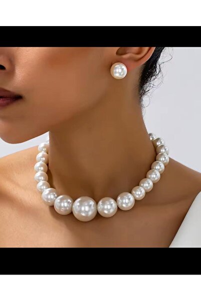 Arescollection KREM RENGİ 1.KALİTE BÜYÜK İNCİLİ KADIN İNCİ KOLYE