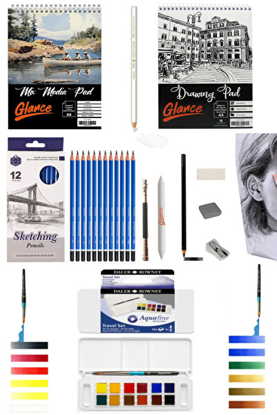 GLANCE A5 200 Gr Spr Mix Medium Pad 20 Yp+A5 120 Gr 50 Yp Aquafine Watercolor Set 12-Piece Art Set