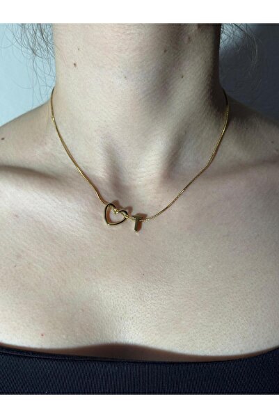 Sirena Accessories Kalp Detaylı Gold Kaplama Paslanmaz Çelik Harfli Kolye