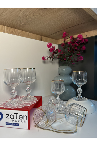 zaTen Pazar Crystal Rod Gold Gilded 150Cc Coffee Side Water Glass 6 Pieces
