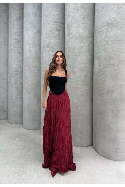 CARLA MARA Satin Fabric Pleated Skirt Burgundy