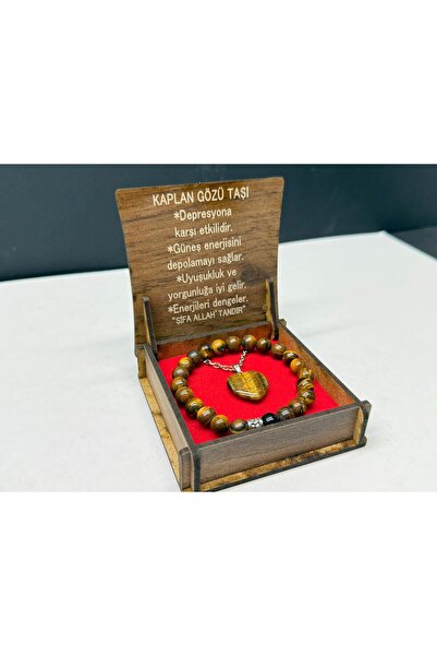 VURAL BİJUTERİ Özel Ahşap Kutulu Kaplan Gözü Taşı Bileklik Kolye Seti
