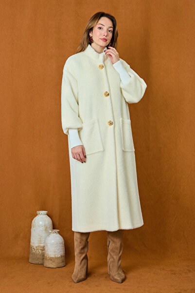 Lale Butik Angora Coat with Brooch Detail 15231 Ecru