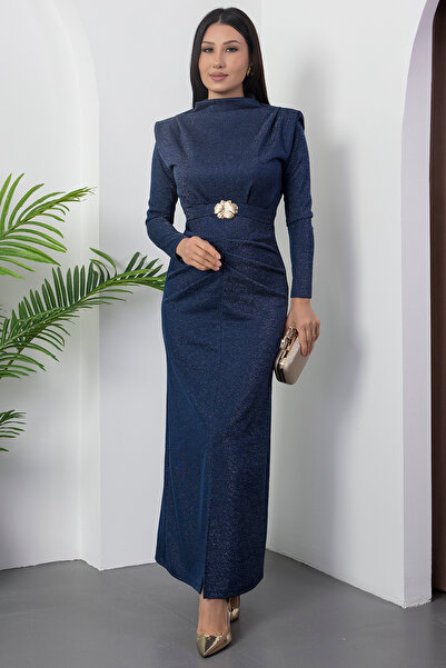 PULLIMM High Neck Pleated Buckle Glitter Dress 2025-4358