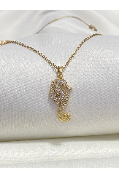 Jewelliss Minimal Zirkon Taşlı Deniz Atı Çelik Kolye Kararmaz Tasarım Günlük Hediyelik