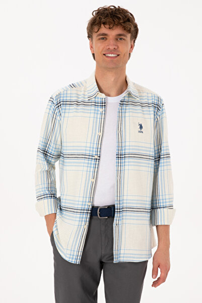 U.S. Polo Assn. Men's Light Blue Plaid Long Sleeve Cream Shirt 50316632-Vr256