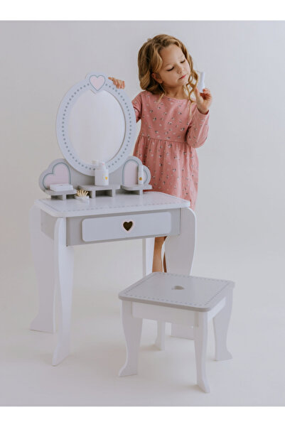 Doris White wooden heart makeup table and chair set for girls with drawer, hair dryer