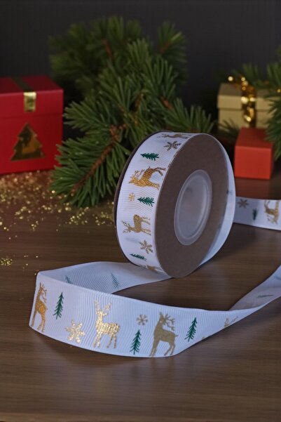 roco paper Yılbaşı Grogren Beyaz Kurdele – Geyik Desenli Hediye Paketleme, Hobi Süsleme Şeridi, 4 Cm - 18 M