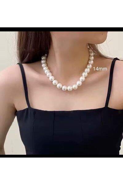 Arescollection LÜX 14 MM 1.KALİTE PARLAK KREM RENGİ ŞIK KADIN İNCİ KOLYE