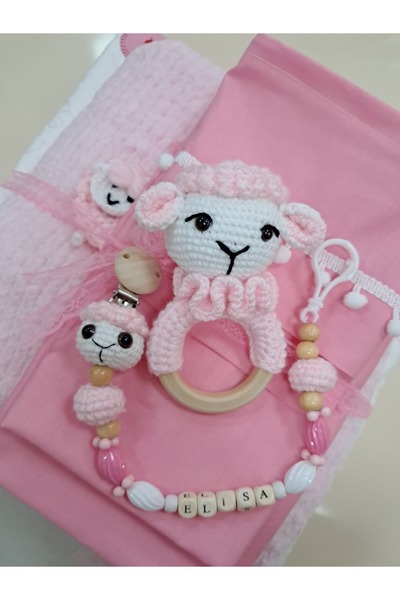 yarem aksesuar Kuzucuk İKİLİ Amigurumi Set- İsimli Emzik Zinciri- Çıngırak