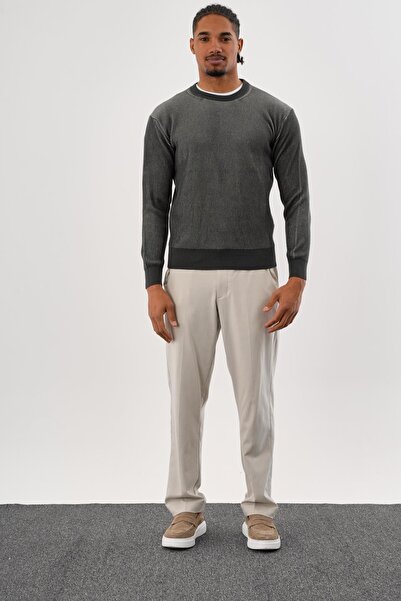 odelon Men's Regular Fit Vanize Knitted Cotton Crew Neck Khaki Knitwear Sweater