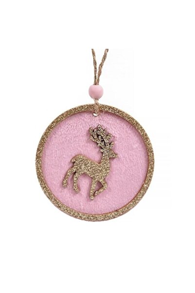 ANTBRO Ornament de Crăciun pentru brad, din lemn, rotund, catifea roz, ren cu sclipici bej șampanie, 8