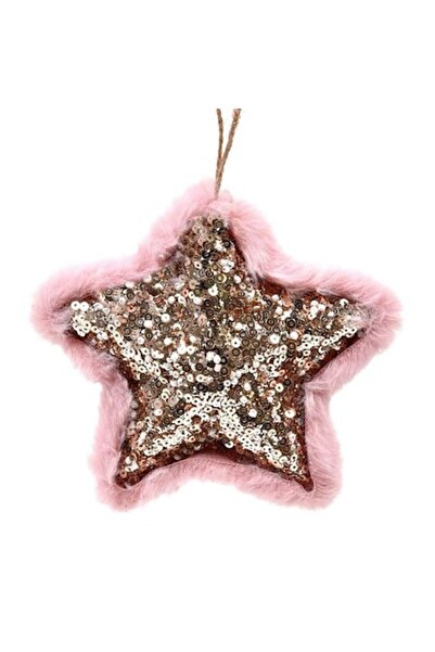 ANTBRO ® Ornament stea de Crăciun cu paiete bej șampanie, centru cu mărgele albe și blană roz, 12 buc.