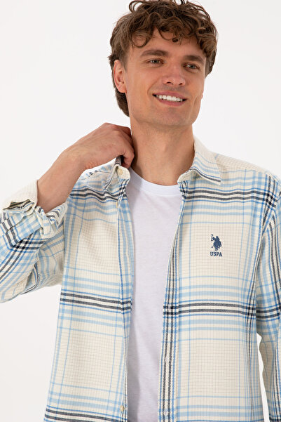 U.S. Polo Assn. Men's Light Blue Plaid Long Sleeve Cream Shirt 50316632-Vr256