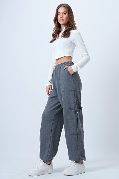 VAGGON Women's Anthracite K Cargo Pocket I Stitch Detailed Cotton Jogger Pants Prmx14659