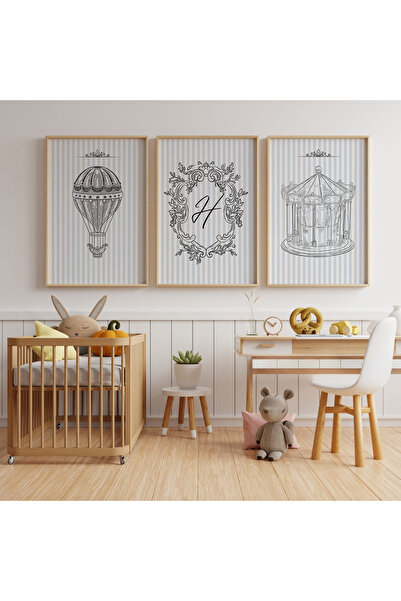 POSTER (Çerçevesiz) Vintage Atlıkarınca 3lü çocuk odası seti, Kişiselleştiril...