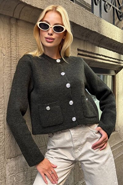 VAGGON Women's Khaki Crew Neck Double Pocket Buttoned Knitwear Cardigan Vs01397