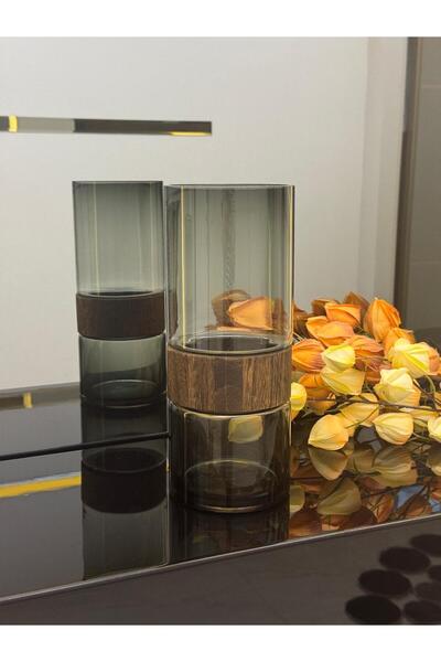 Şahane Ahşap Detaylı Cam Vazo 30/12 cm TKEBT Füme