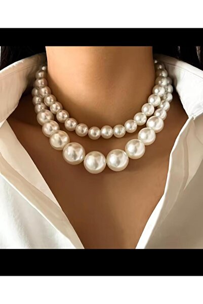 Arescollection KREM RENGİ 1.KALİTE BÜYÜK İNCİLİ 2 Lİ KADIN KOLYE