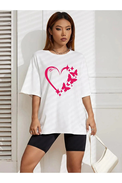 HOFFNUNG Pink Butterfly Heart Printed Oversize T-Shirt