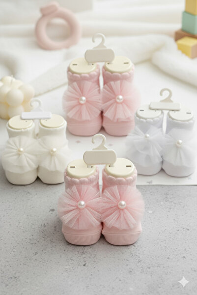 PİMPO 3'lü Kız Bebek Tüllü İnci Detaylı Özel Gün Fırfırlı Patik Çorap Seti (P...