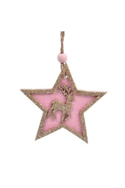 ANTBRO ® Ornament de brad de Crăciun - stea din lemn de catifea roz cu căprio...