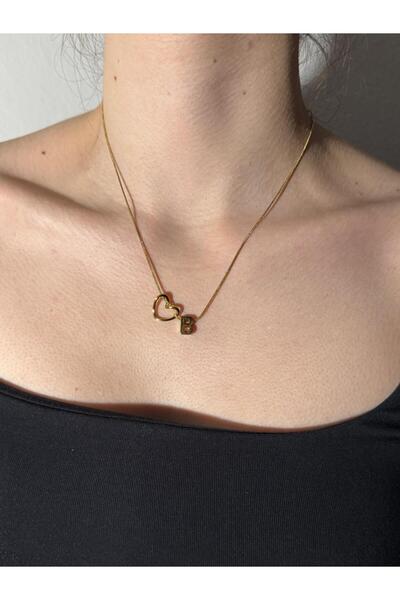 Sirena Accessories Kalp Detaylı Gold Kaplama Paslanmaz Çelik Harfli Kolye