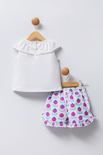 U.S. Polo Assn. Kız Bebek Beyaz %100 Pamuk Tişört Fırfır Paça Şort Takım 2'li 50322893-VR013