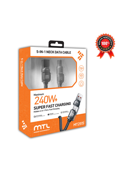 MTL Boyun Askılı Turbo Şarj ve Data Kablosu 5'i 1 Arada 240W Hasır Kablo USB/...