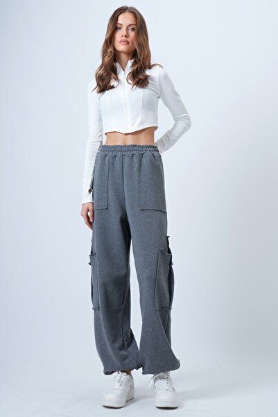 VAGGON Women's Anthracite K Cargo Pocket I Stitch Detailed Cotton Jogger Pants Prmx14659