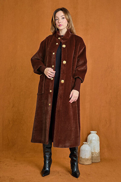 Lale Butik Angora Coat with Brooch Detail 15231 Brown