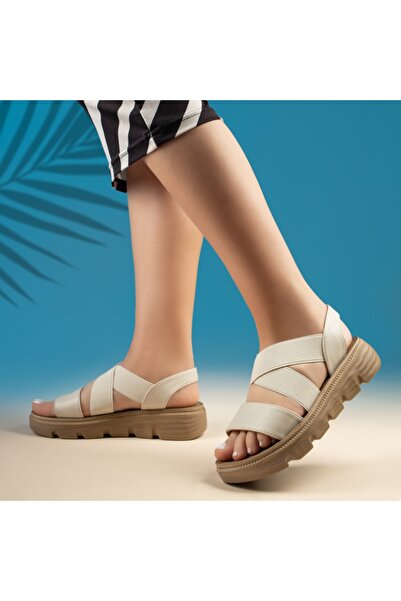 BMoD Women's beige sandals with a chunky sole and elastic straps MOD11371