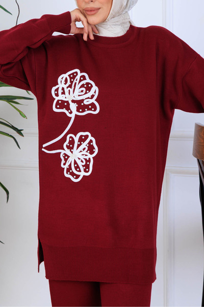 benguen Embroidery Detailed Knitwear Set S1120 Burgundy