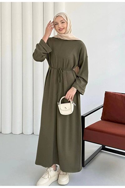 Bahar Altundemir فستان نسائي طويل قصة فضفاضة بحزام كاكي اللون