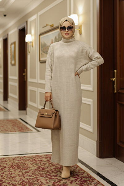 N.S NEVA STYLE High Neck Beige Hijab Knitwear Dress 34150Bej